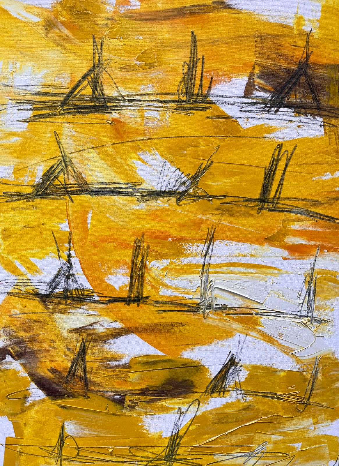 Traccia su sole giallo II - Fabio Ramagnano, 2022-2026, Olio e matita 14B su tela